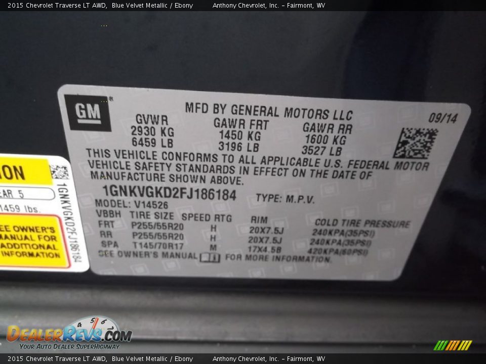 2015 Chevrolet Traverse LT AWD Blue Velvet Metallic / Ebony Photo #20