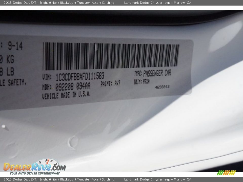 2015 Dodge Dart SXT Bright White / Black/Light Tungsten Accent Stitching Photo #9