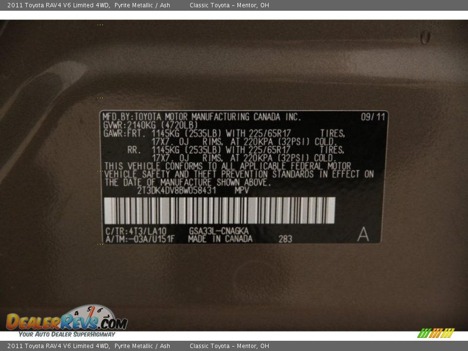 2011 Toyota RAV4 V6 Limited 4WD Pyrite Metallic / Ash Photo #15