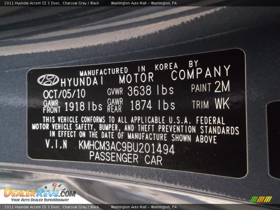 2011 Hyundai Accent GS 3 Door Charcoal Gray / Black Photo #19