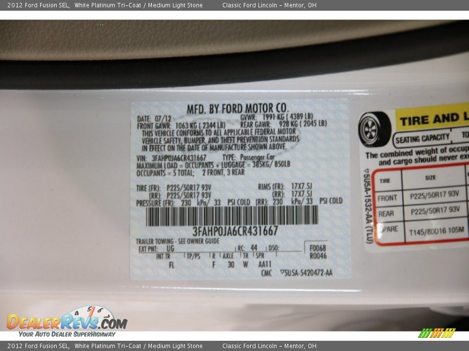 2012 Ford Fusion SEL White Platinum Tri-Coat / Medium Light Stone Photo #15