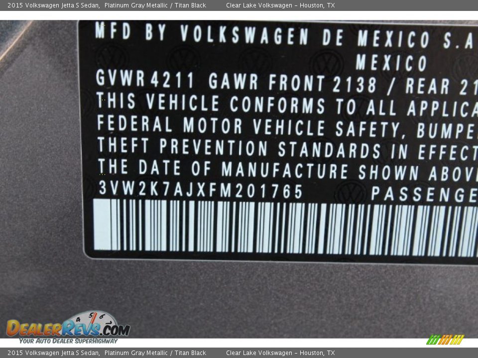 2015 Volkswagen Jetta S Sedan Platinum Gray Metallic / Titan Black Photo #32