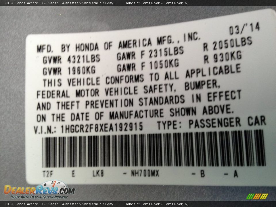 2014 Honda Accord EX-L Sedan Alabaster Silver Metallic / Gray Photo #4