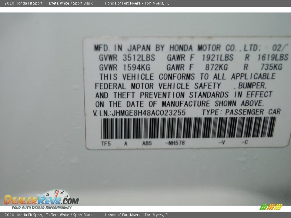 2010 Honda Fit Sport Taffeta White / Sport Black Photo #35