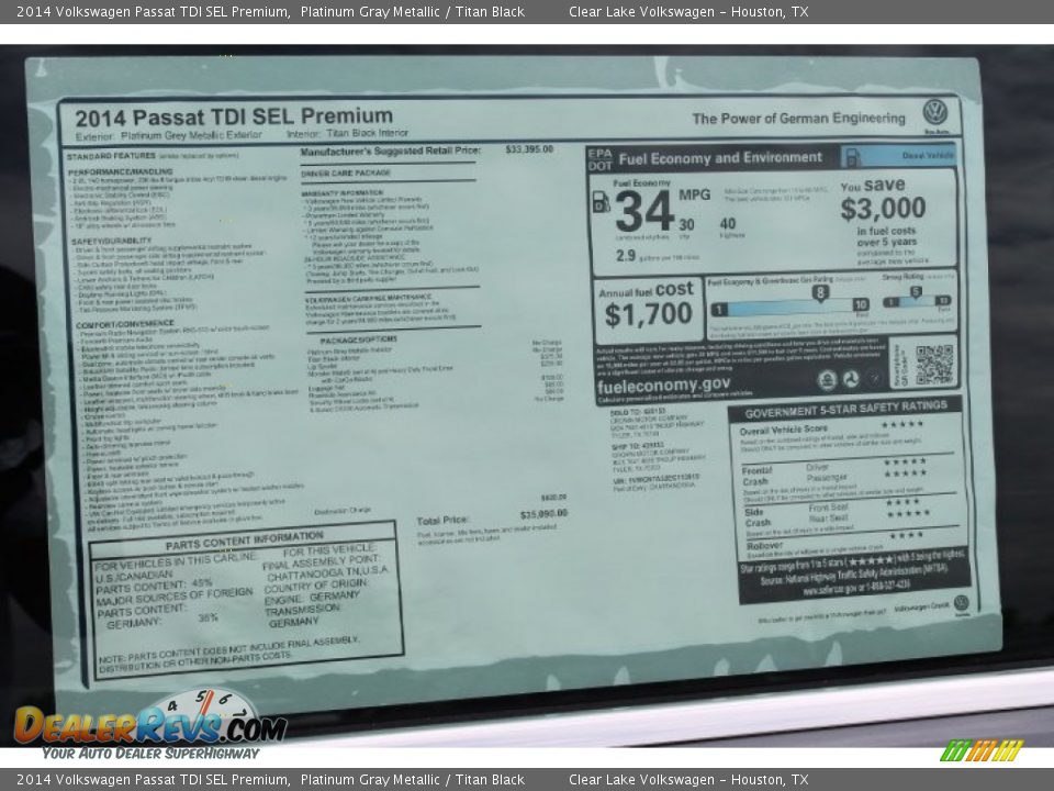 2014 Volkswagen Passat TDI SEL Premium Platinum Gray Metallic / Titan Black Photo #35