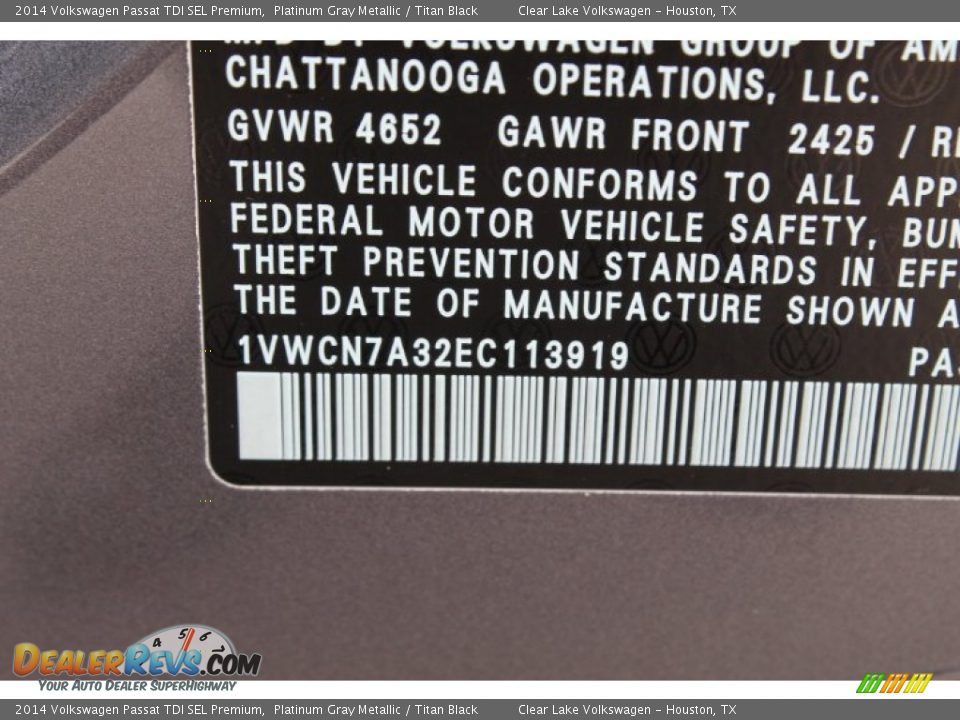 2014 Volkswagen Passat TDI SEL Premium Platinum Gray Metallic / Titan Black Photo #36