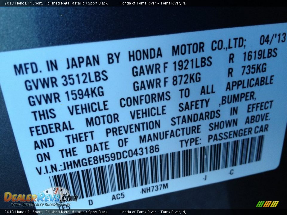 2013 Honda Fit Sport Polished Metal Metallic / Sport Black Photo #16