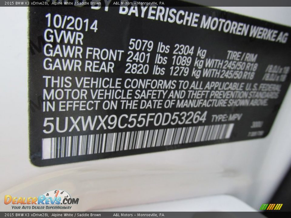 2015 BMW X3 xDrive28i Alpine White / Saddle Brown Photo #19