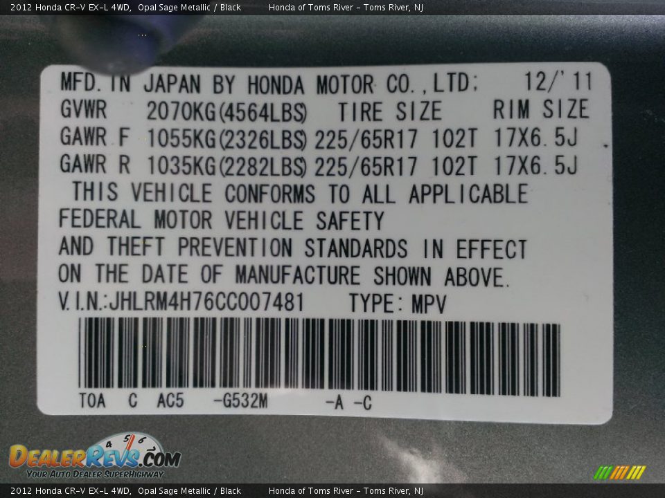 2012 Honda CR-V EX-L 4WD Opal Sage Metallic / Black Photo #18