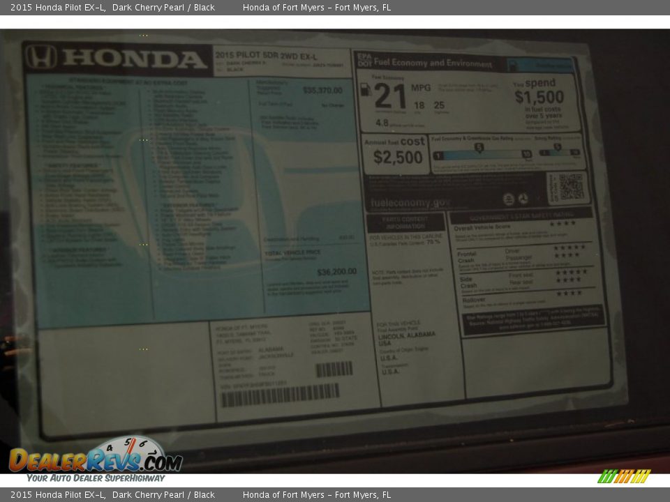 2015 Honda Pilot EX-L Dark Cherry Pearl / Black Photo #6