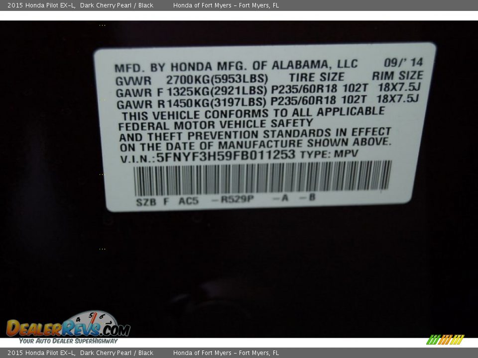 2015 Honda Pilot EX-L Dark Cherry Pearl / Black Photo #29