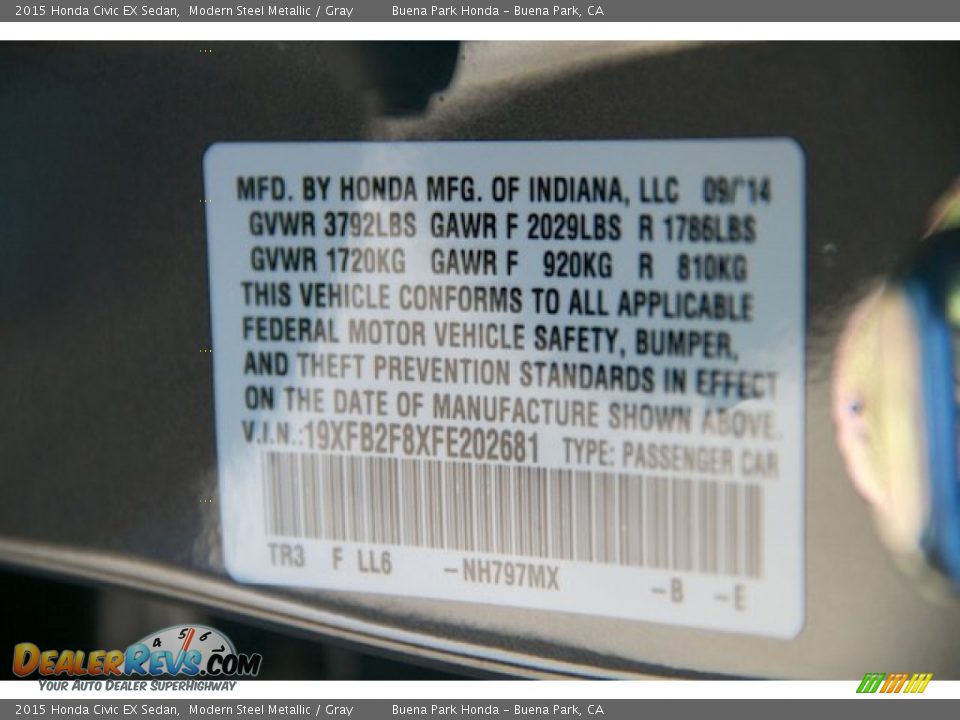 2015 Honda Civic EX Sedan Modern Steel Metallic / Gray Photo #22