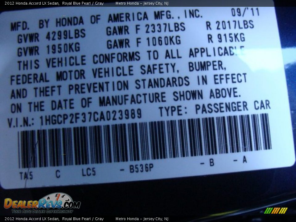 2012 Honda Accord LX Sedan Royal Blue Pearl / Gray Photo #31