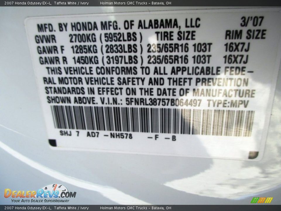 2007 Honda Odyssey EX-L Taffeta White / Ivory Photo #4