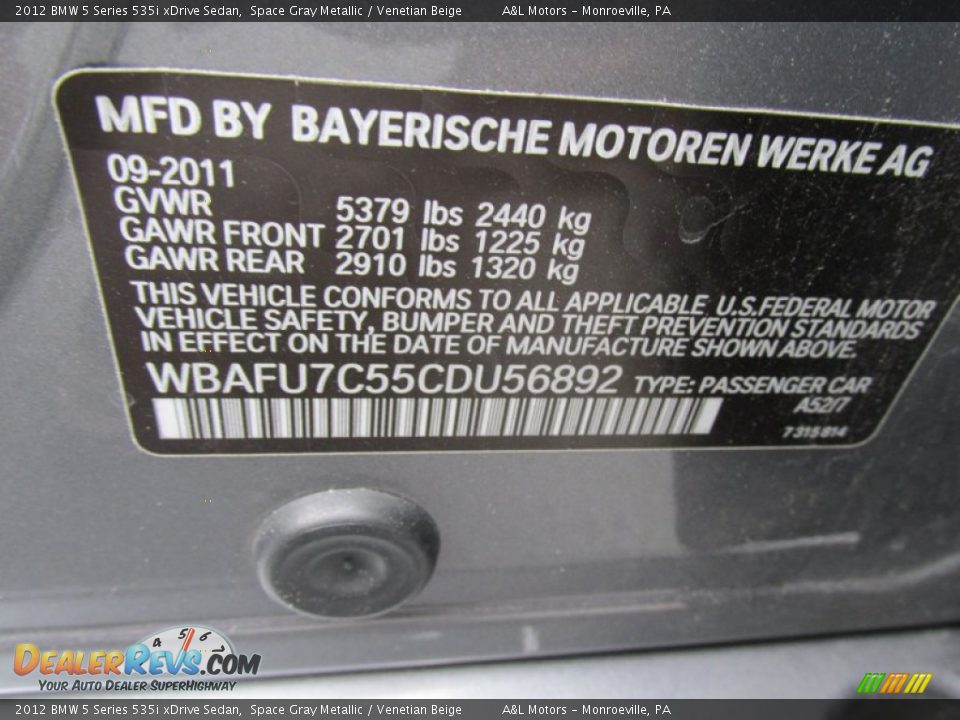 2012 BMW 5 Series 535i xDrive Sedan Space Gray Metallic / Venetian Beige Photo #19