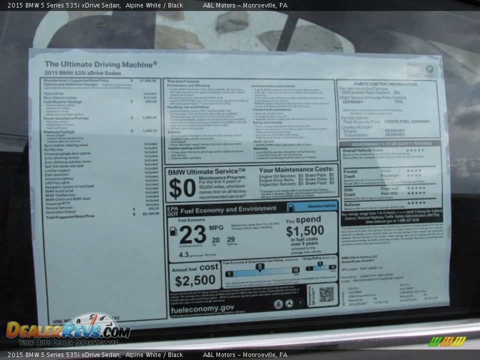 2015 BMW 5 Series 535i xDrive Sedan Alpine White / Black Photo #10