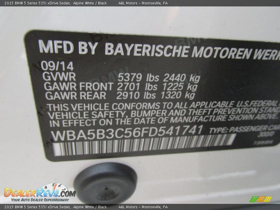2015 BMW 5 Series 535i xDrive Sedan Alpine White / Black Photo #19