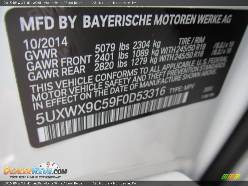 2015 BMW X3 xDrive28i Alpine White / Sand Beige Photo #19