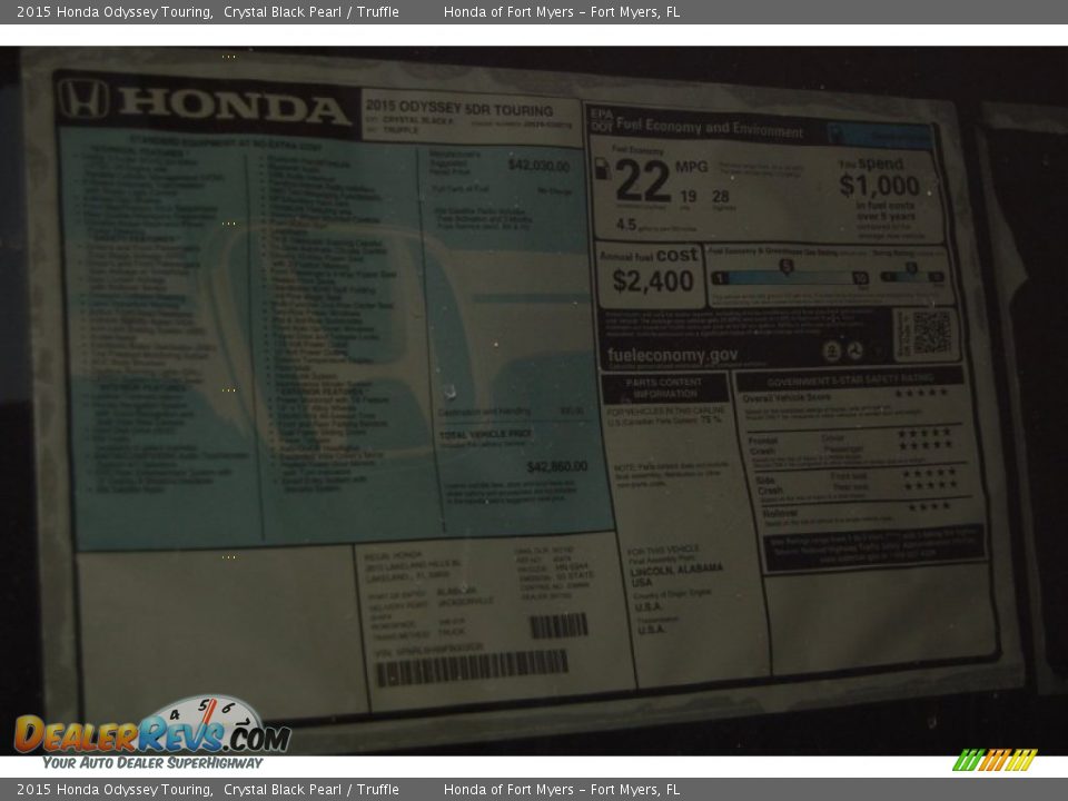 2015 Honda Odyssey Touring Crystal Black Pearl / Truffle Photo #6