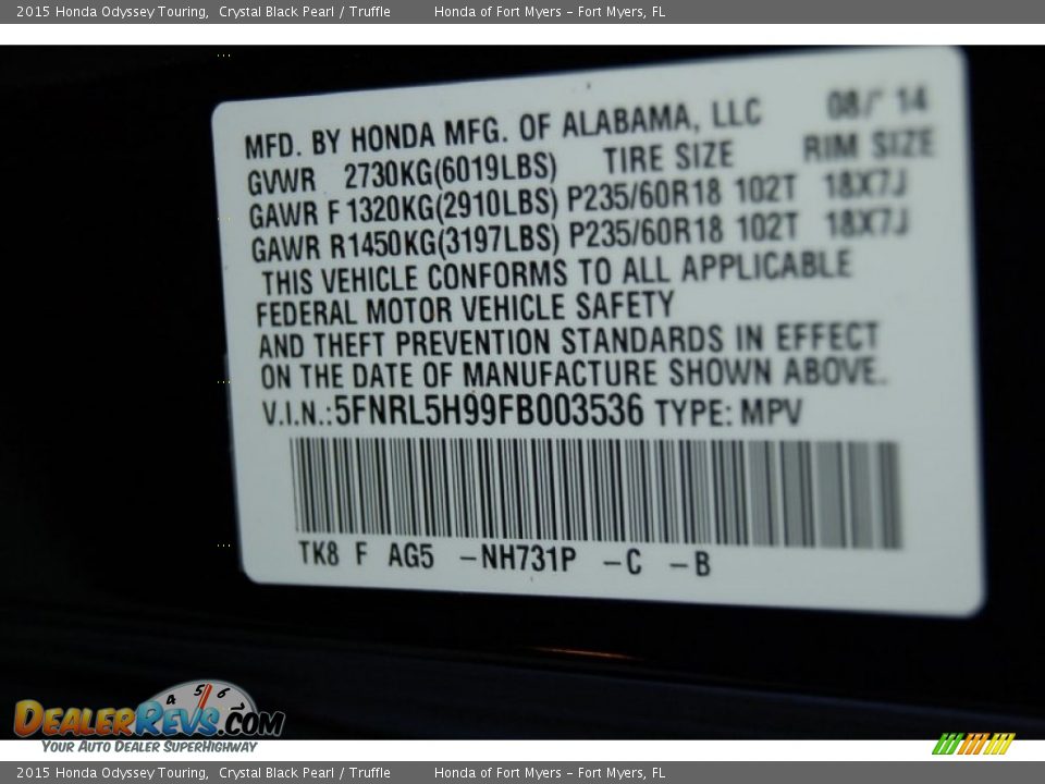 2015 Honda Odyssey Touring Crystal Black Pearl / Truffle Photo #32