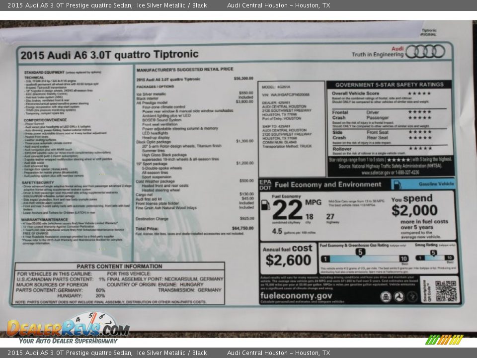 2015 Audi A6 3.0T Prestige quattro Sedan Window Sticker Photo #18