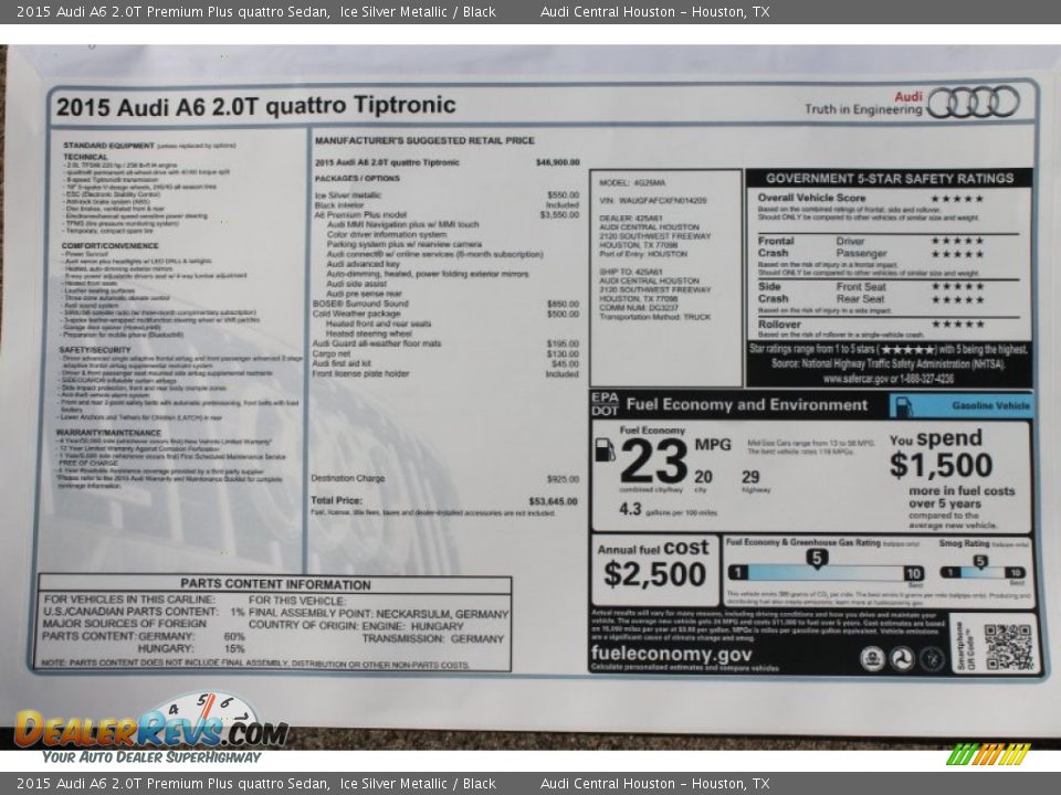 2015 Audi A6 2.0T Premium Plus quattro Sedan Ice Silver Metallic / Black Photo #18