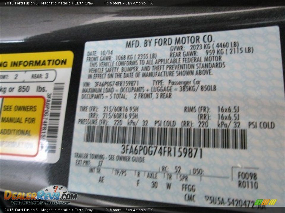 2015 Ford Fusion S Magnetic Metallic / Earth Gray Photo #13