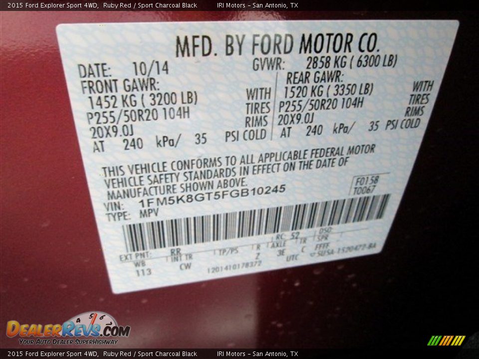 2015 Ford Explorer Sport 4WD Ruby Red / Sport Charcoal Black Photo #20