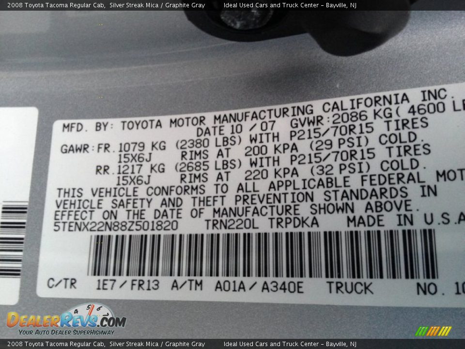 2008 Toyota Tacoma Regular Cab Silver Streak Mica / Graphite Gray Photo #21