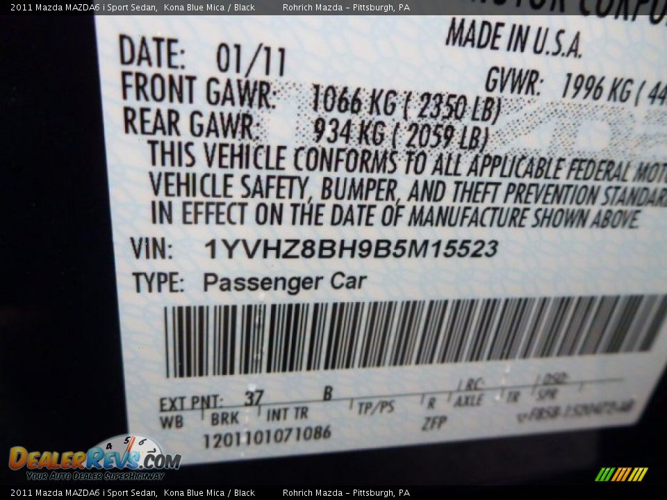 2011 Mazda MAZDA6 i Sport Sedan Kona Blue Mica / Black Photo #25