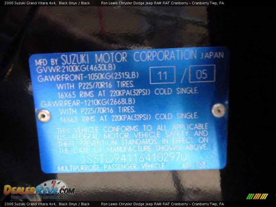 2006 Suzuki Grand Vitara 4x4 Black Onyx / Black Photo #20