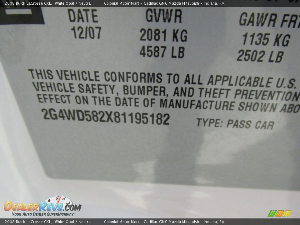 2008 Buick LaCrosse CXL White Opal / Neutral Photo #19