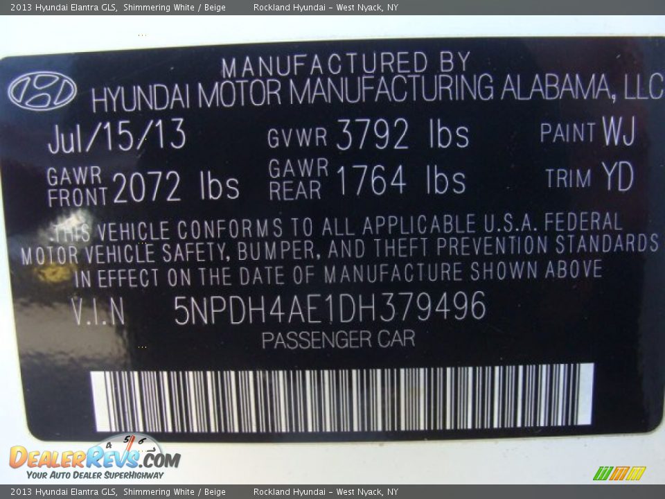 2013 Hyundai Elantra GLS Shimmering White / Beige Photo #30