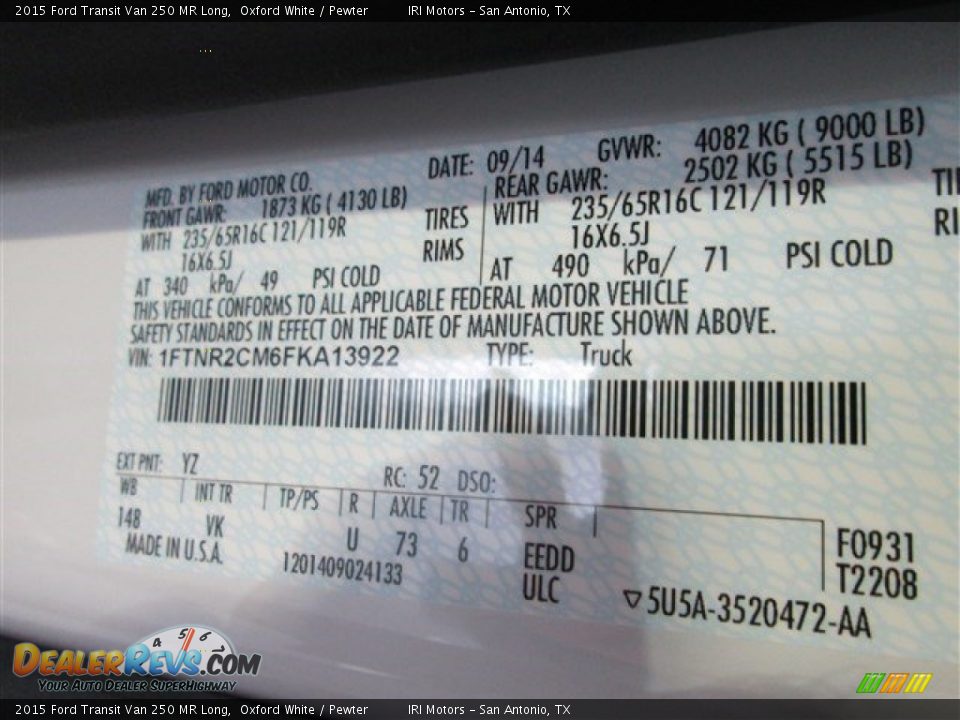 2015 Ford Transit Van 250 MR Long Oxford White / Pewter Photo #13