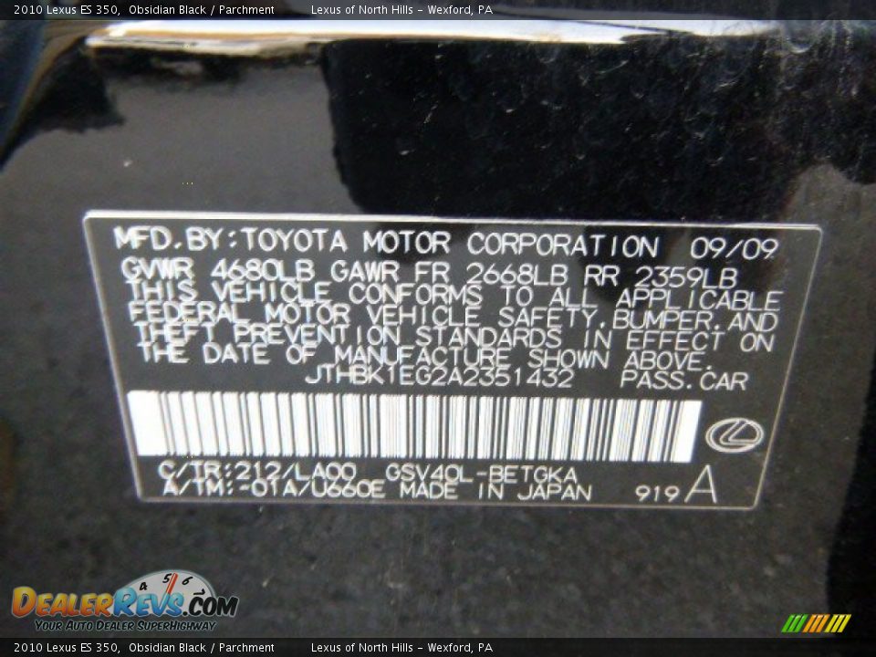 2010 Lexus ES 350 Obsidian Black / Parchment Photo #20