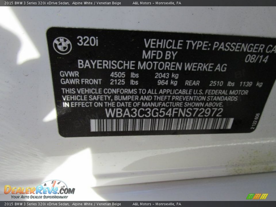 2015 BMW 3 Series 320i xDrive Sedan Alpine White / Venetian Beige Photo #19