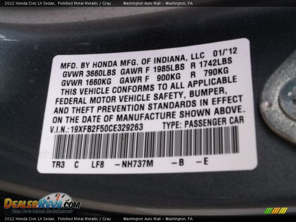 2012 Honda Civic LX Sedan Polished Metal Metallic / Gray Photo #19
