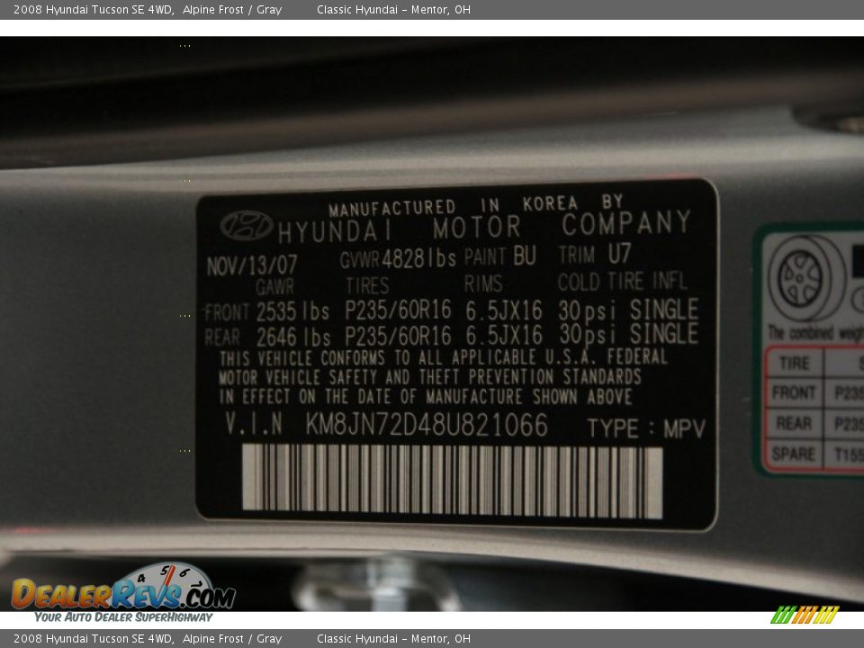 2008 Hyundai Tucson SE 4WD Alpine Frost / Gray Photo #16