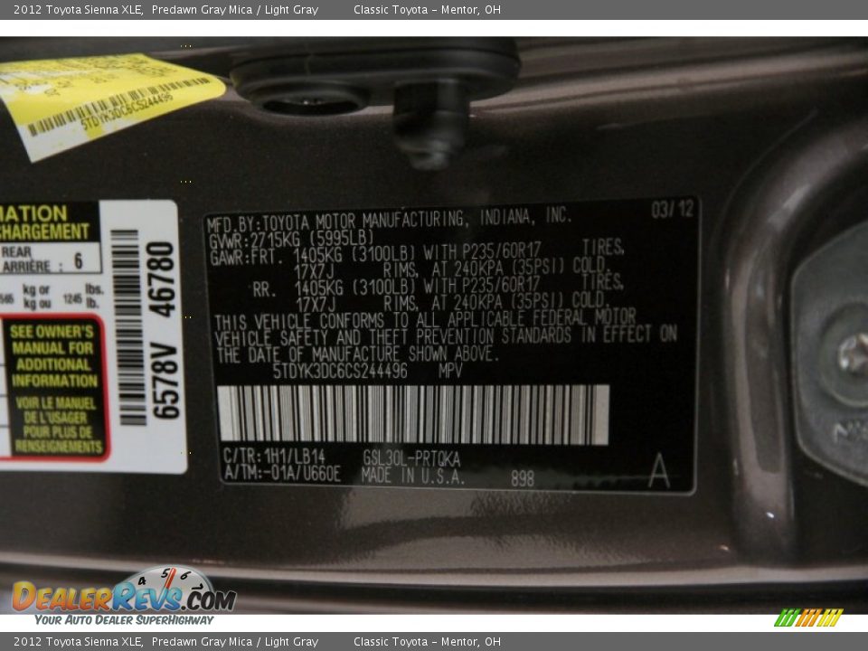2012 Toyota Sienna XLE Predawn Gray Mica / Light Gray Photo #21