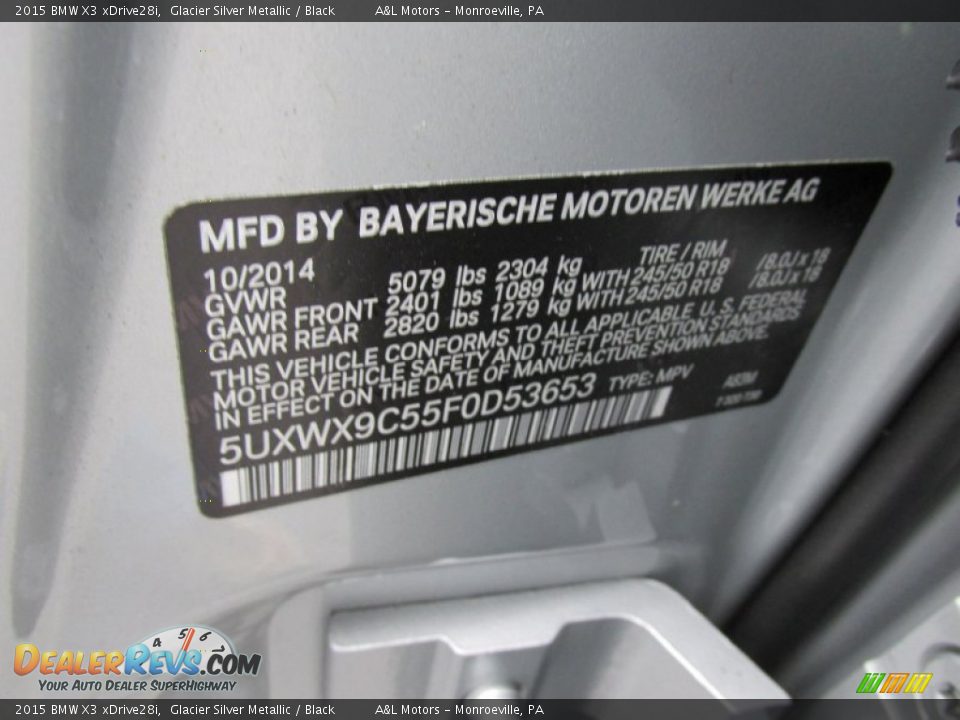 2015 BMW X3 xDrive28i Glacier Silver Metallic / Black Photo #19