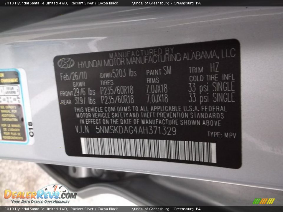2010 Hyundai Santa Fe Limited 4WD Radiant Silver / Cocoa Black Photo #26