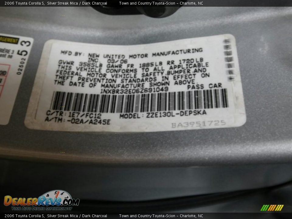 2006 Toyota Corolla S Silver Streak Mica / Dark Charcoal Photo #20