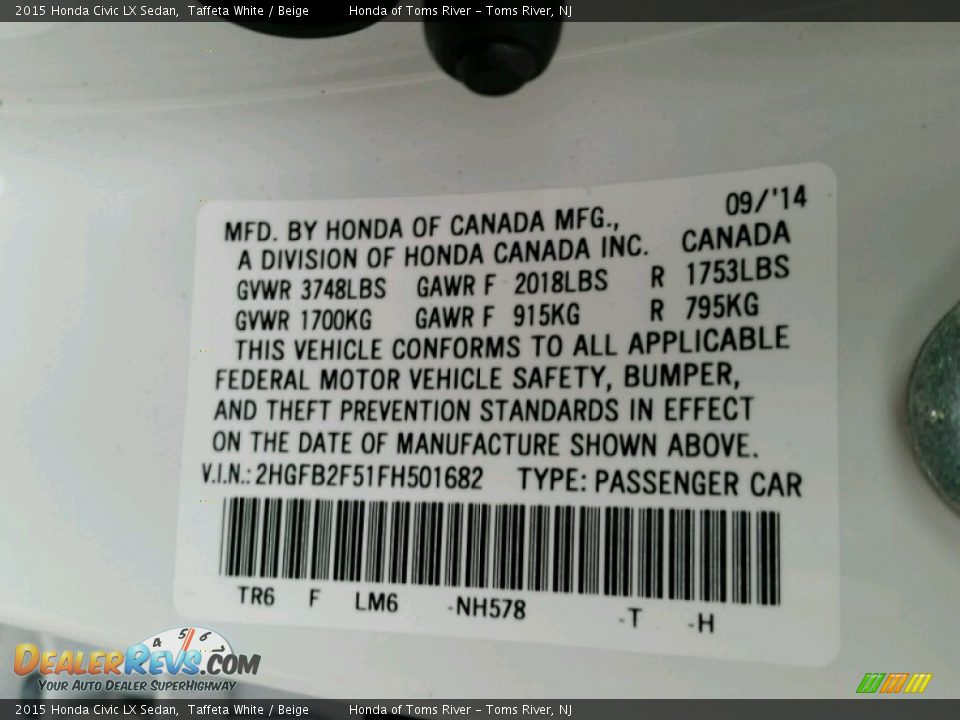 2015 Honda Civic LX Sedan Taffeta White / Beige Photo #4