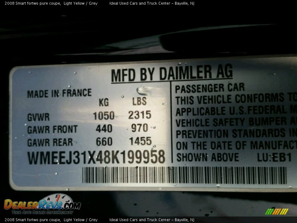 2008 Smart fortwo pure coupe Light Yellow / Grey Photo #18