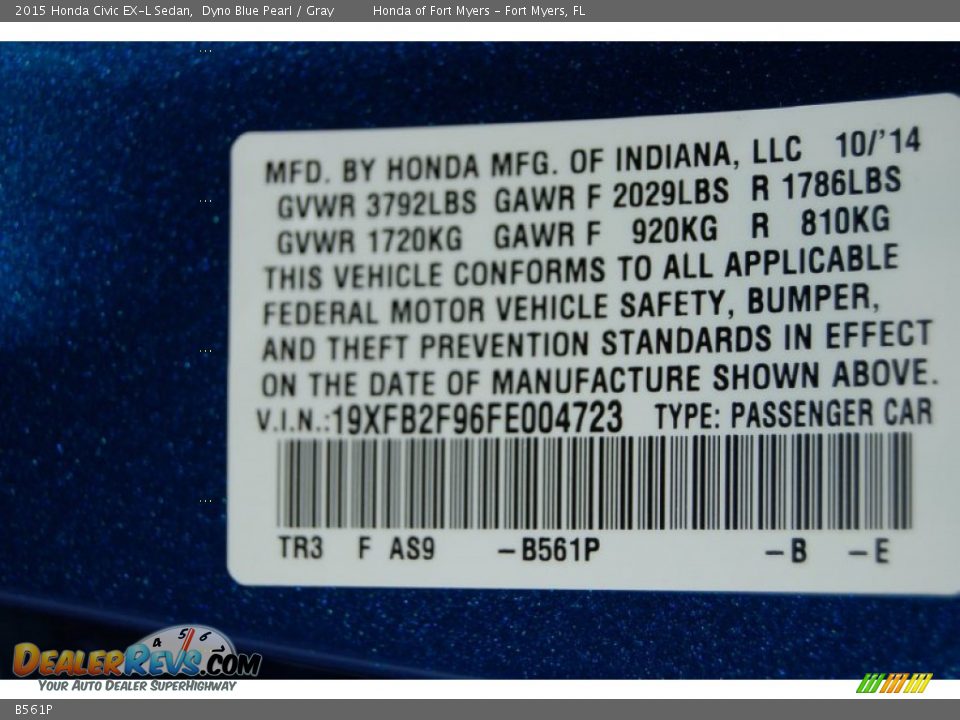 Honda Color Code B561P Dyno Blue Pearl