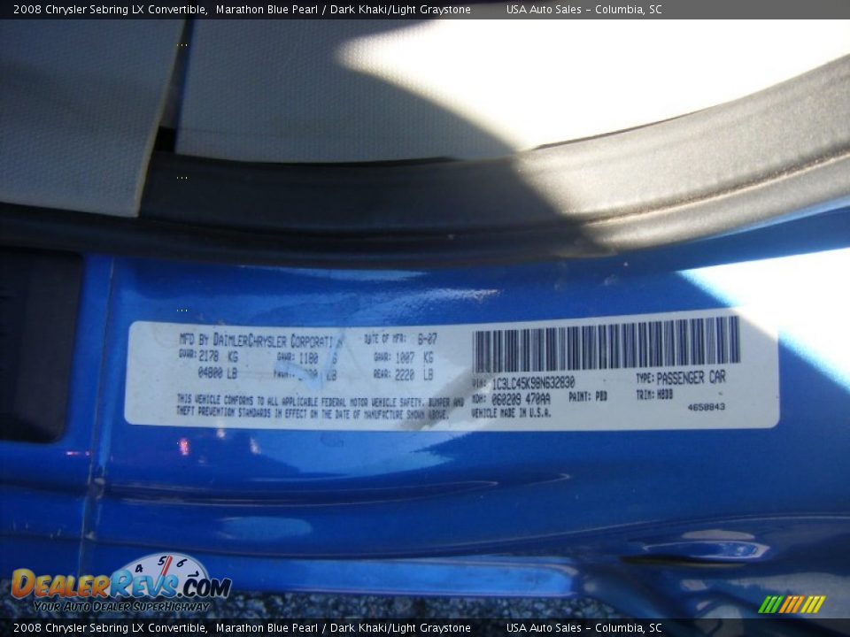 2008 Chrysler Sebring LX Convertible Marathon Blue Pearl / Dark Khaki/Light Graystone Photo #19