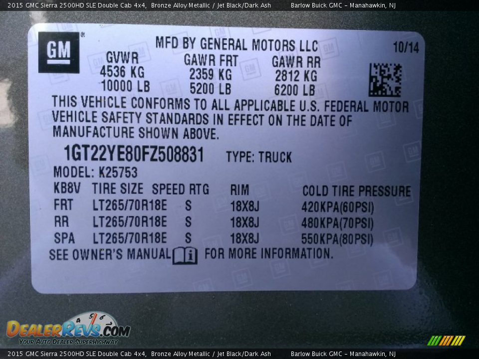 Info Tag of 2015 GMC Sierra 2500HD SLE Double Cab 4x4 Photo #9