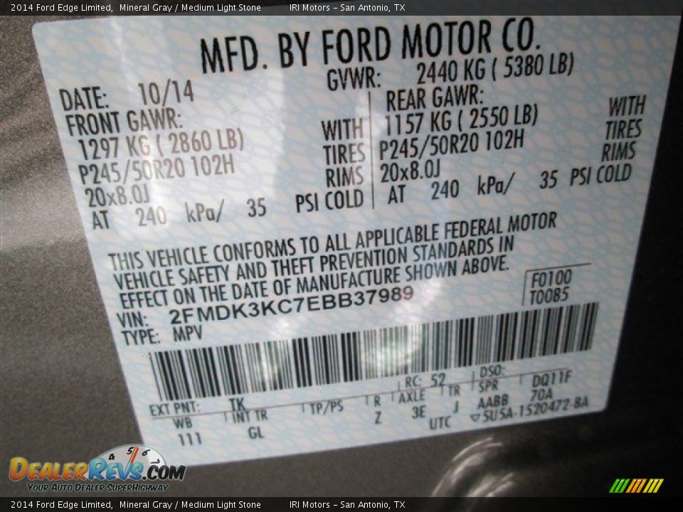 2014 Ford Edge Limited Mineral Gray / Medium Light Stone Photo #16