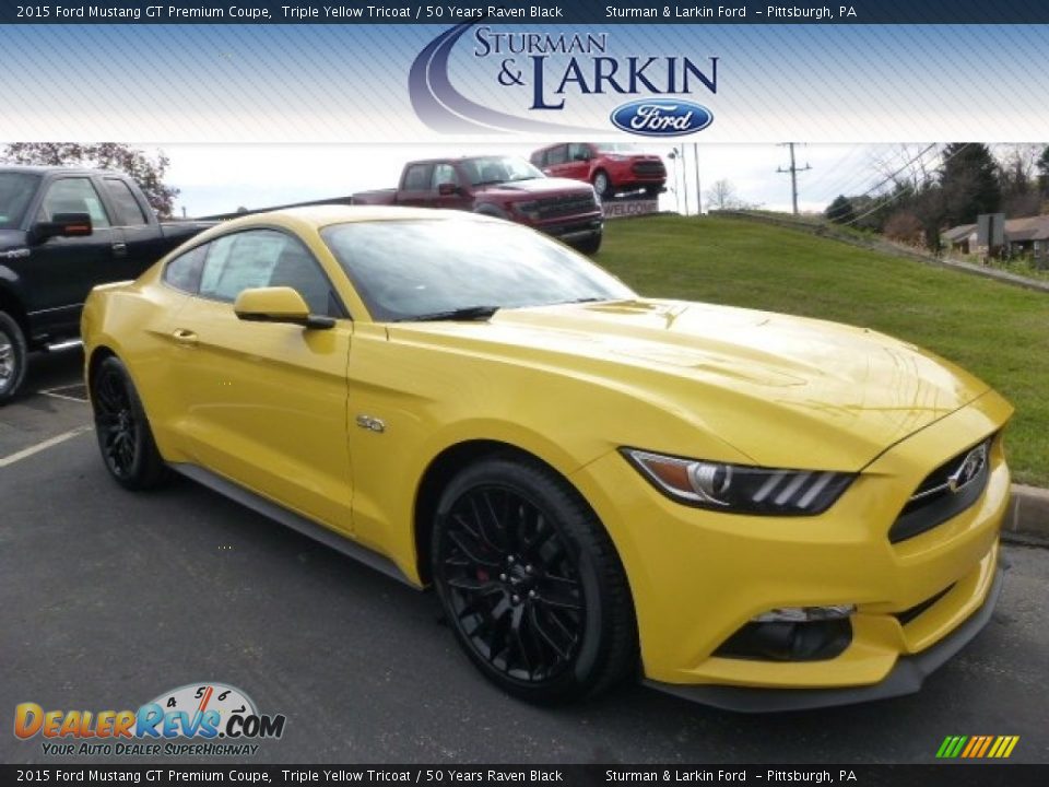 2015 Ford Mustang GT Premium Coupe Triple Yellow Tricoat / 50 Years Raven Black Photo #1
