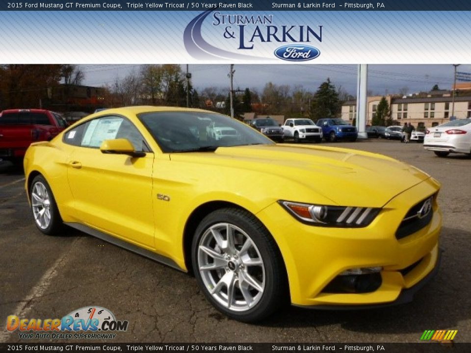 2015 Ford Mustang GT Premium Coupe Triple Yellow Tricoat / 50 Years Raven Black Photo #1